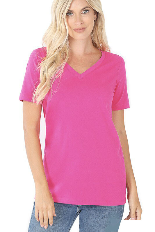 Zenana Plain Short Sleeve T Shirt V-Neck Top Stretch Cotton Tee Women Loose Fit