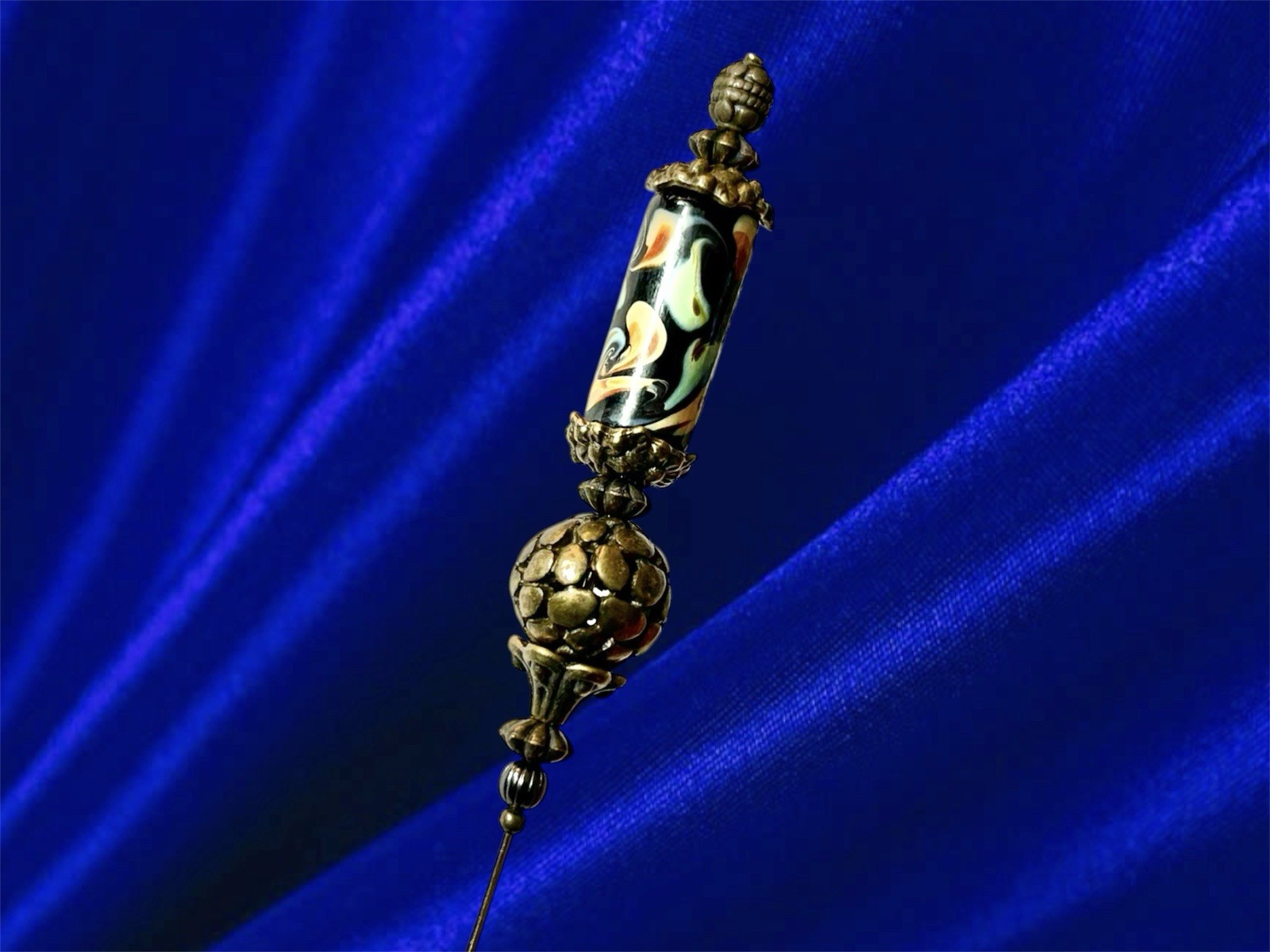 Hatpin with Vintage Tibetan Design & antique Bronze & Hand Made Artisan Ceramic