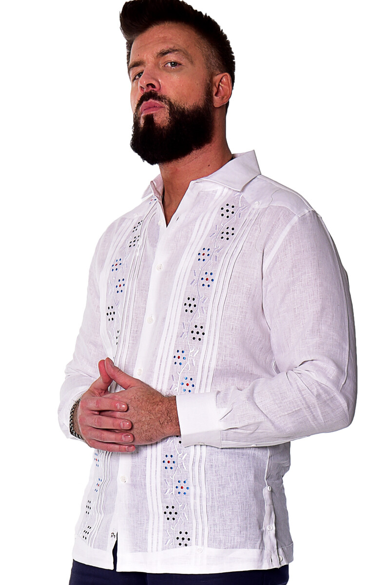 Bohio Mens 100% Linen Fancy Guayabera Style Shirt- White Embroidered – MLFG2033