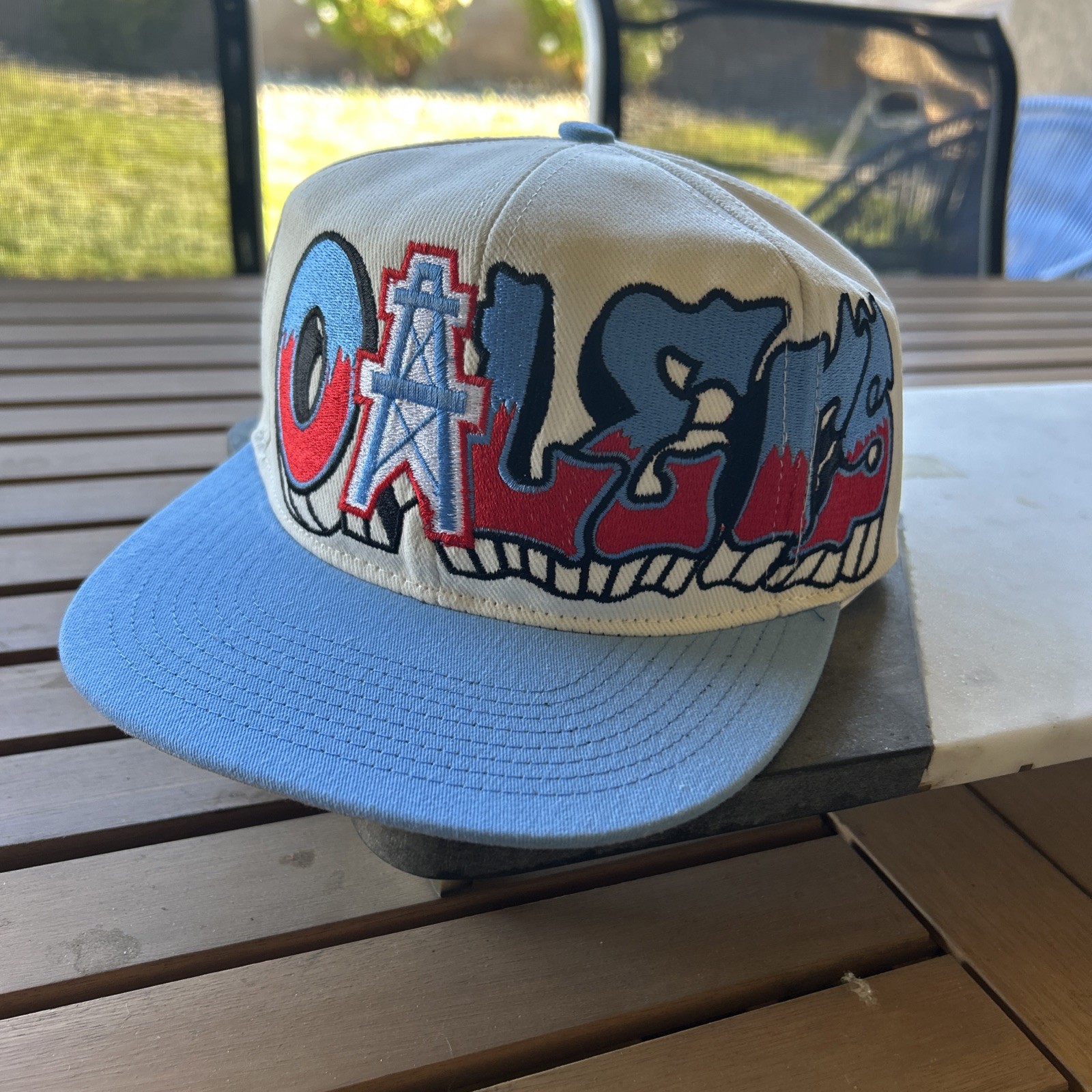 Houston Oilers Double Graffiti TOW Custom Snapback Hat Cap Cream Dome Two Tone