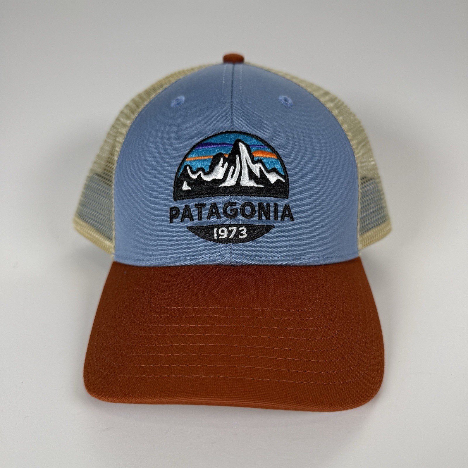 PATAGONIA Fitz Roy Lo-Pro Trucker Hat Mesh Orange Blue Embroidered Mountain Logo