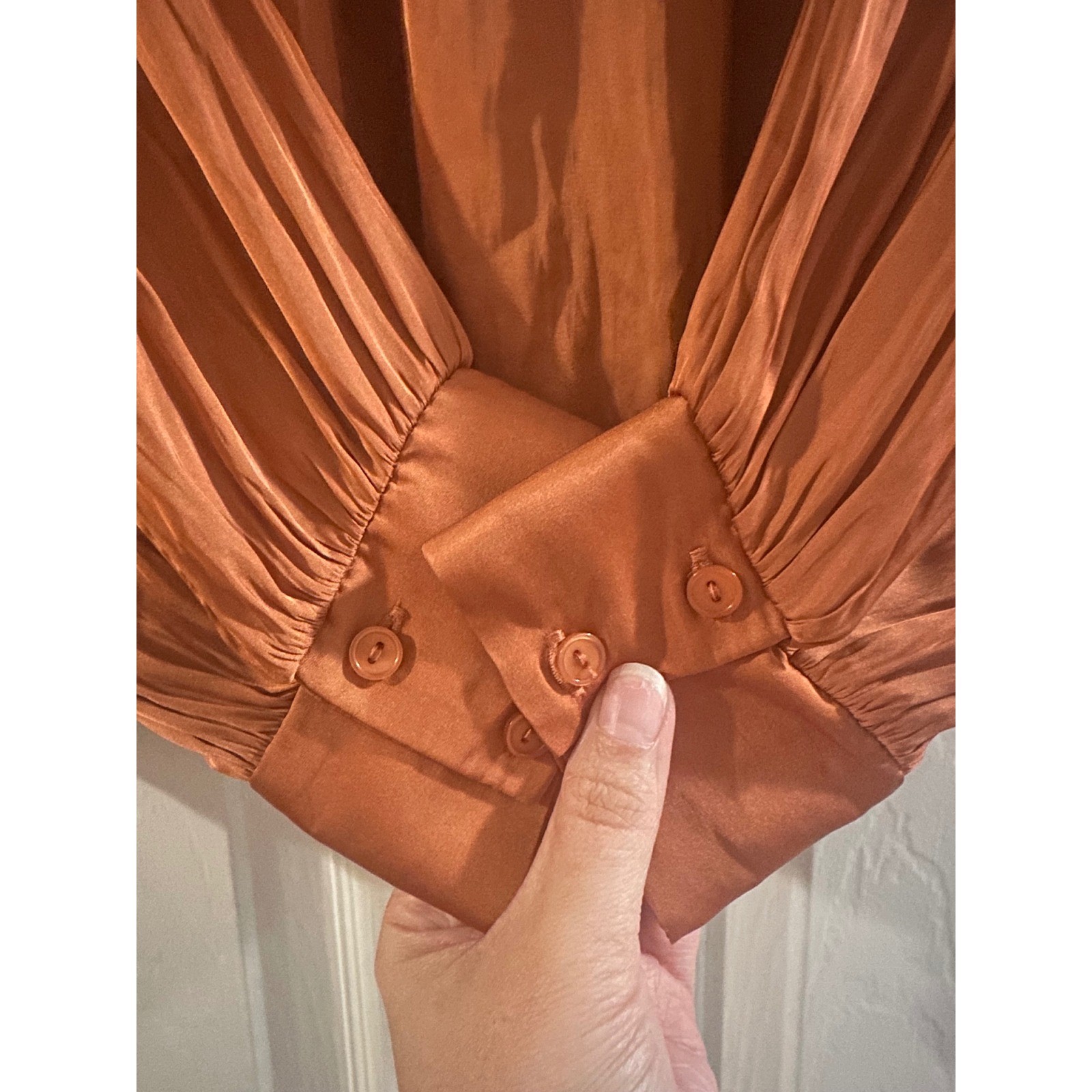 Lush Clay Orange Satin Mock Neck Blouse Long Sleeve Pleated Top Medium Fall