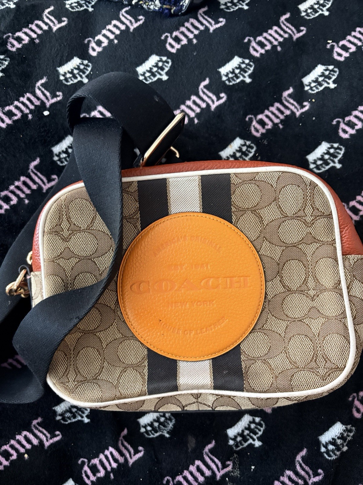 Coach Signature Monogram Stripe Camera Bag Crossbody Zip Detachable Strap