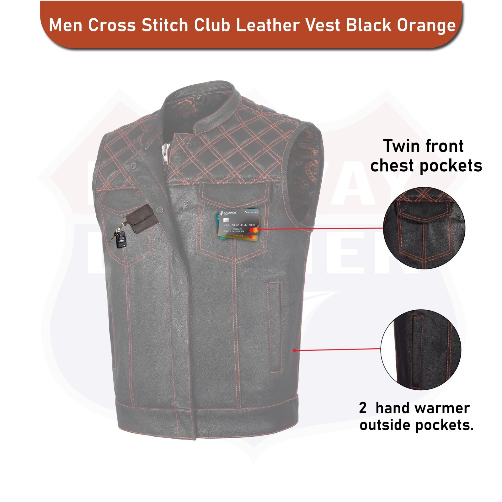 ORANGE HL11693SPTORANGE Black Men Cross Stitch Club Leather Vest