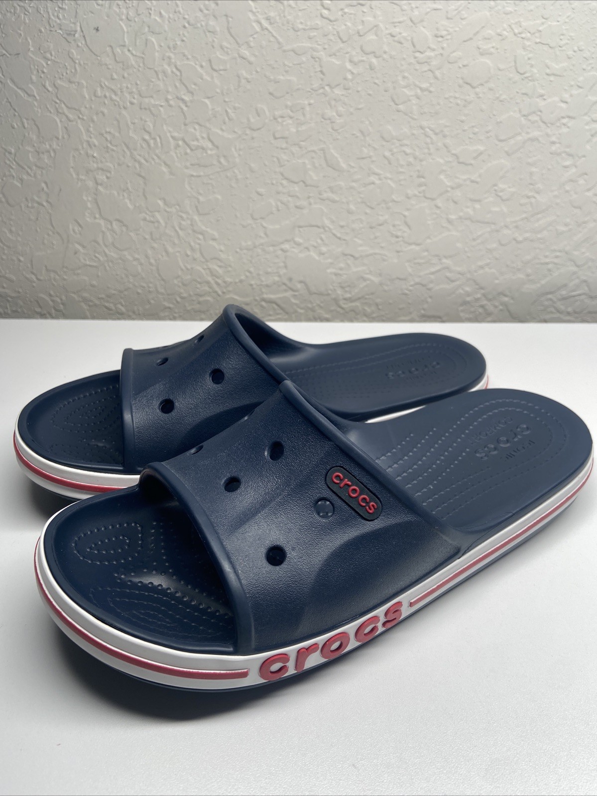 Crocs Adult Bayaband Slides Sandals unisex men’s 6 women’s 8 Red, White, Blue