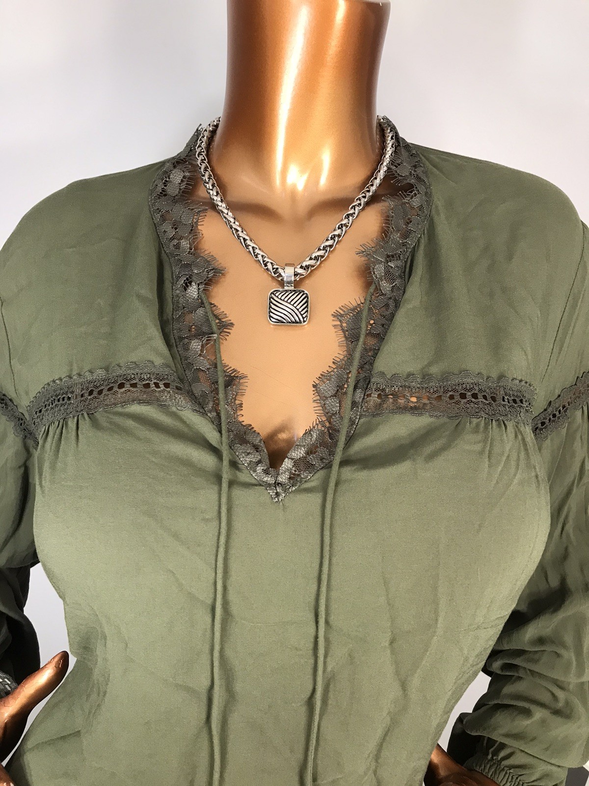 Express S Top Olive Green Lace Trims Low Cut Neck Tie Strings Blouse Soft LiteWt