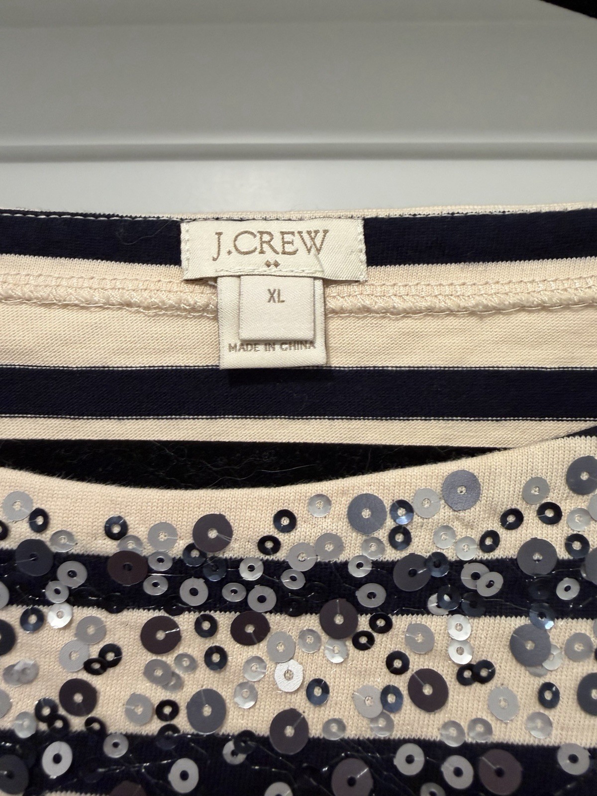 J.CREW Women’s Beige/Blue Striped Crew Neck Long Sleeve Knit Sequin Top XL