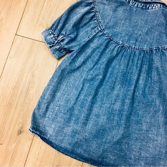 stonewashed denim Button-Down Shirt gathered cinched beach preppy blouse top