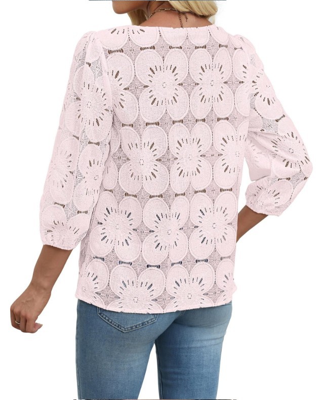 Summer Women’s Crew Neck Lace Blouse 3/4 Sleeve Hollow Out Casual Shirt