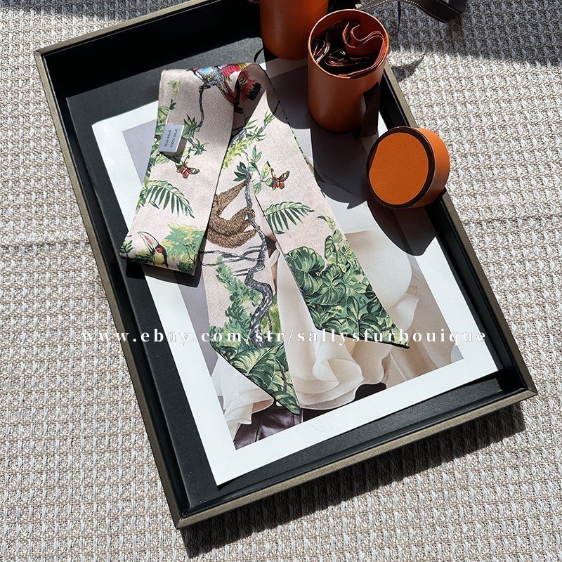 Sallys 100% Twill Silk Scarf Ribbon Jungle Print Bag Head Band Neck Tie 85x5cm