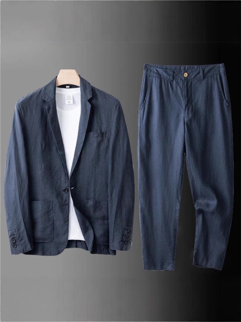 2 Pc Men Two Button Suit Summer Linen Causal Blazer Pants Coat Beach Jacket