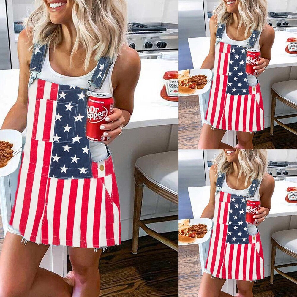 Women’s Overalls USA America Flag Print Bib Dress Jumpsuit Romper Short Skirt