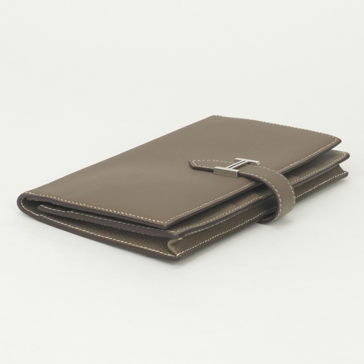 HERMES Bearn Soufflet Long Wallet Etoupe Gray Epsom Leather Silver HW