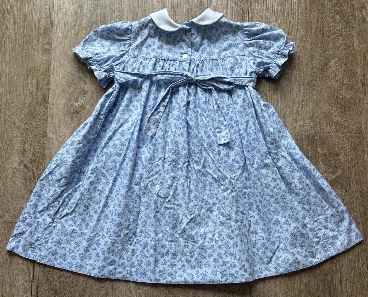Young World Fashions Blue Floral Smocked Peter Pan Collar Babydoll Dress Size 6