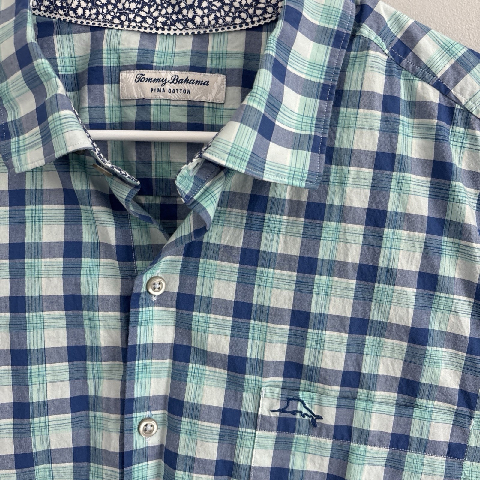Tommy Bahama Button Down Shirt Mens Size XL Blue Plaid Pima Cotton Long Sleeve
