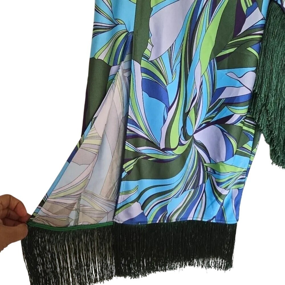House of Harlow Blue Green Swirl Fringe Skirt Set Size XS Retro Luxe Miami Chic