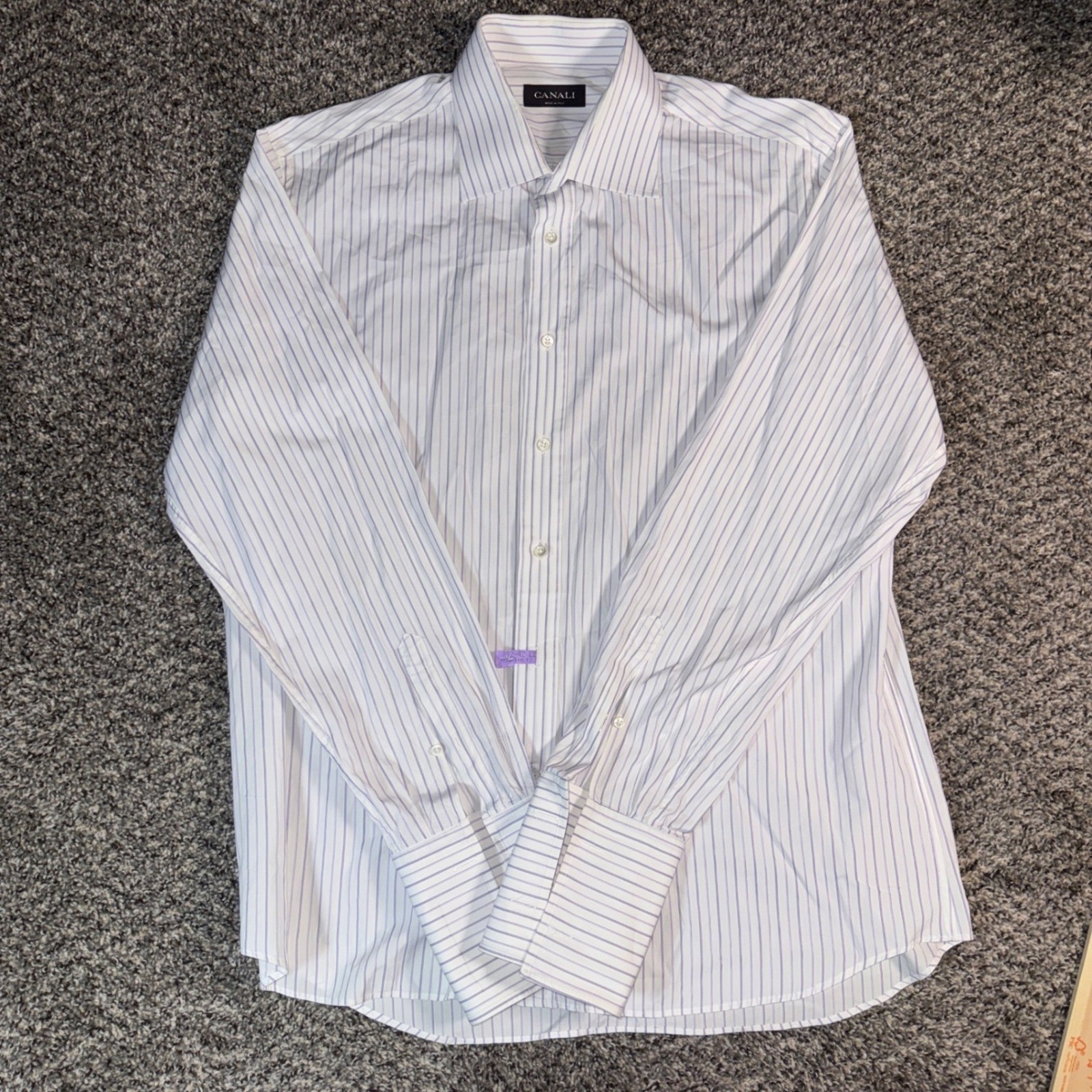Canali Mens Dress Shirt Size 43 17 White Purple Striped Cotton French Cuff