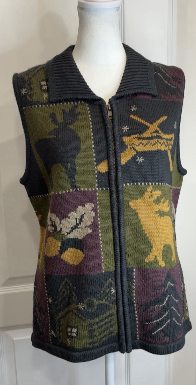 NATURAL REFLECTIONS (VTG) Wool Blend Sweater Vest Med Full Zip Cabincore Nature