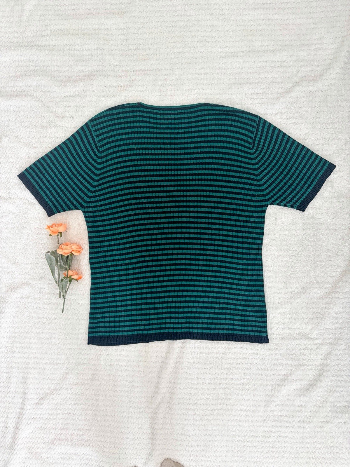 Chaus Green Black Striped Silk Ribbed Knit Crew Neck Pullover Sweater L
