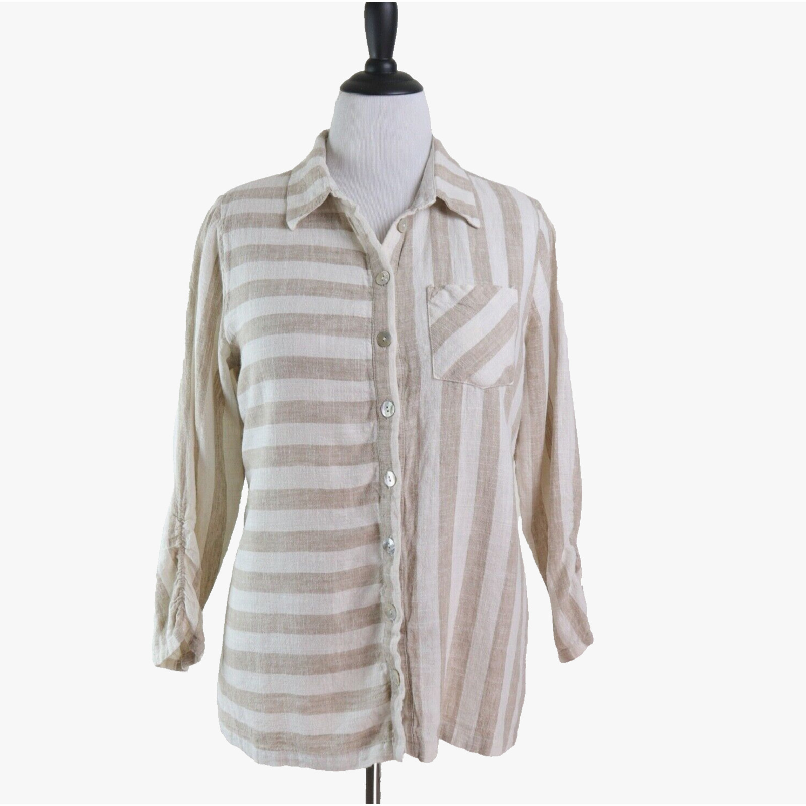 Soft Surroundings Size L Camina Linen Blend Tunic Stripe Cream Brown