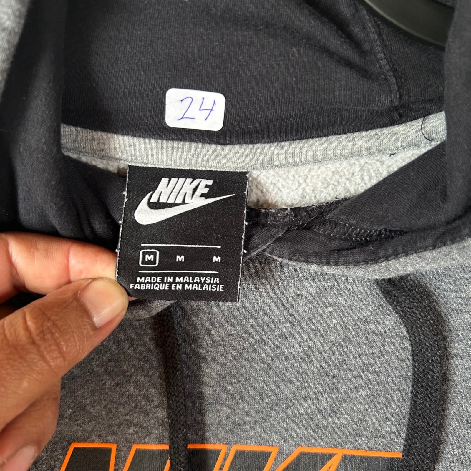 Nike Mens Fleece Hoodie Charcoal Grey Orange Logo Pullover Medium