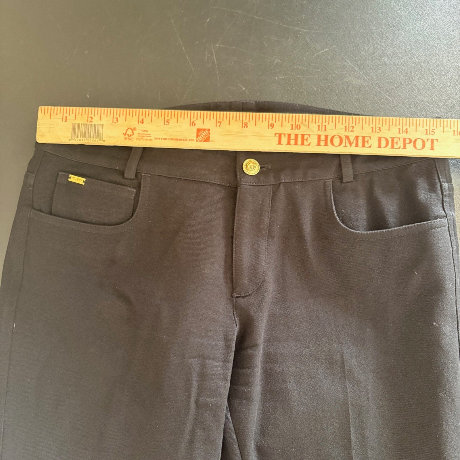 St John Black Bootcut Knit Pants Size 6 Gold Studded Back Pocket Glam Old Money