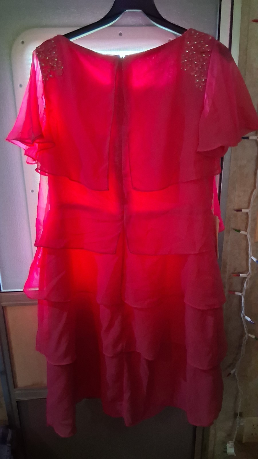 Pink Chiffon A-Line Fit & Flare Dress Beaded Ruffle Round Neck Zip L