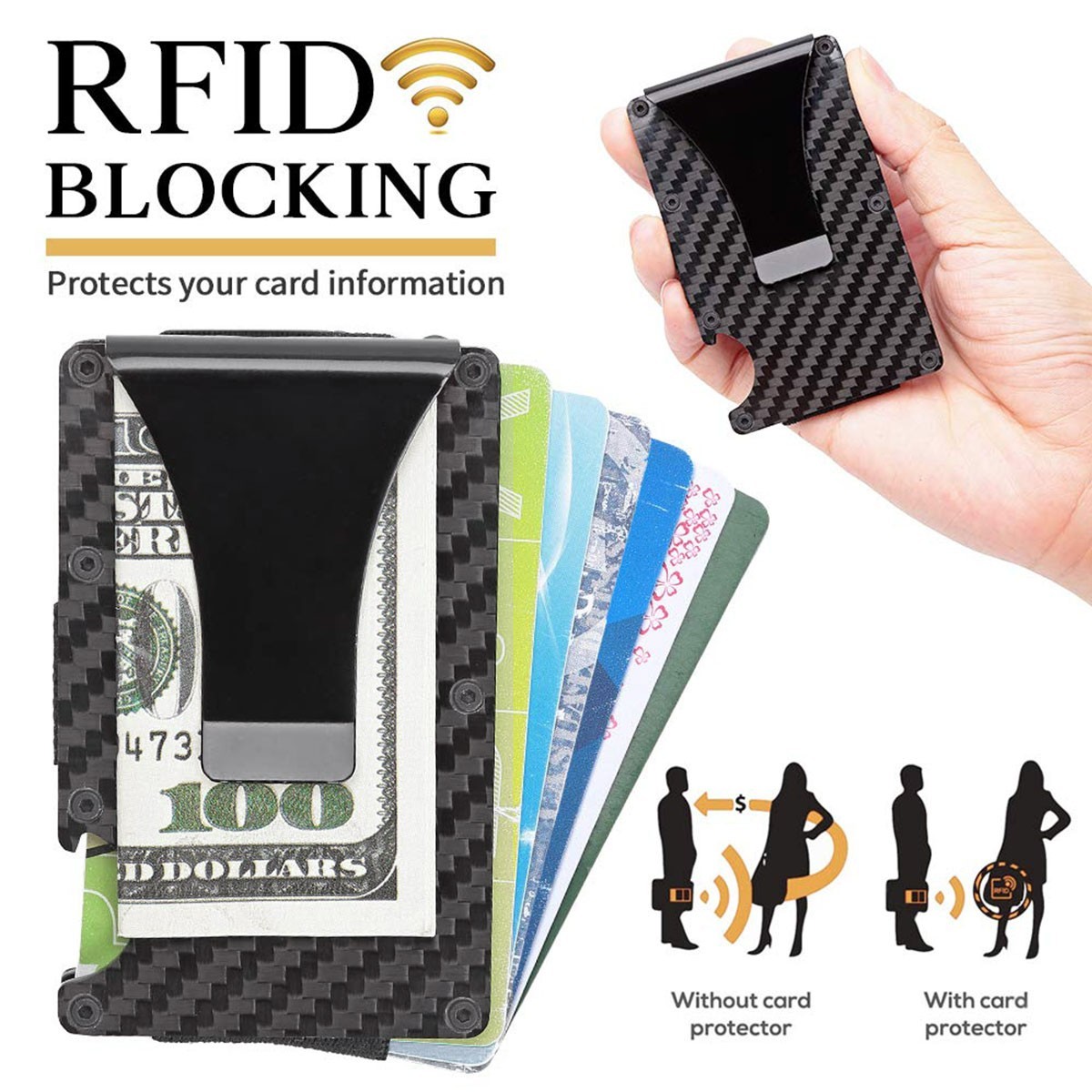 RFID Blocking Carbon Fiber Wallet Slim Money Clip Credit Card Holder Minimalist