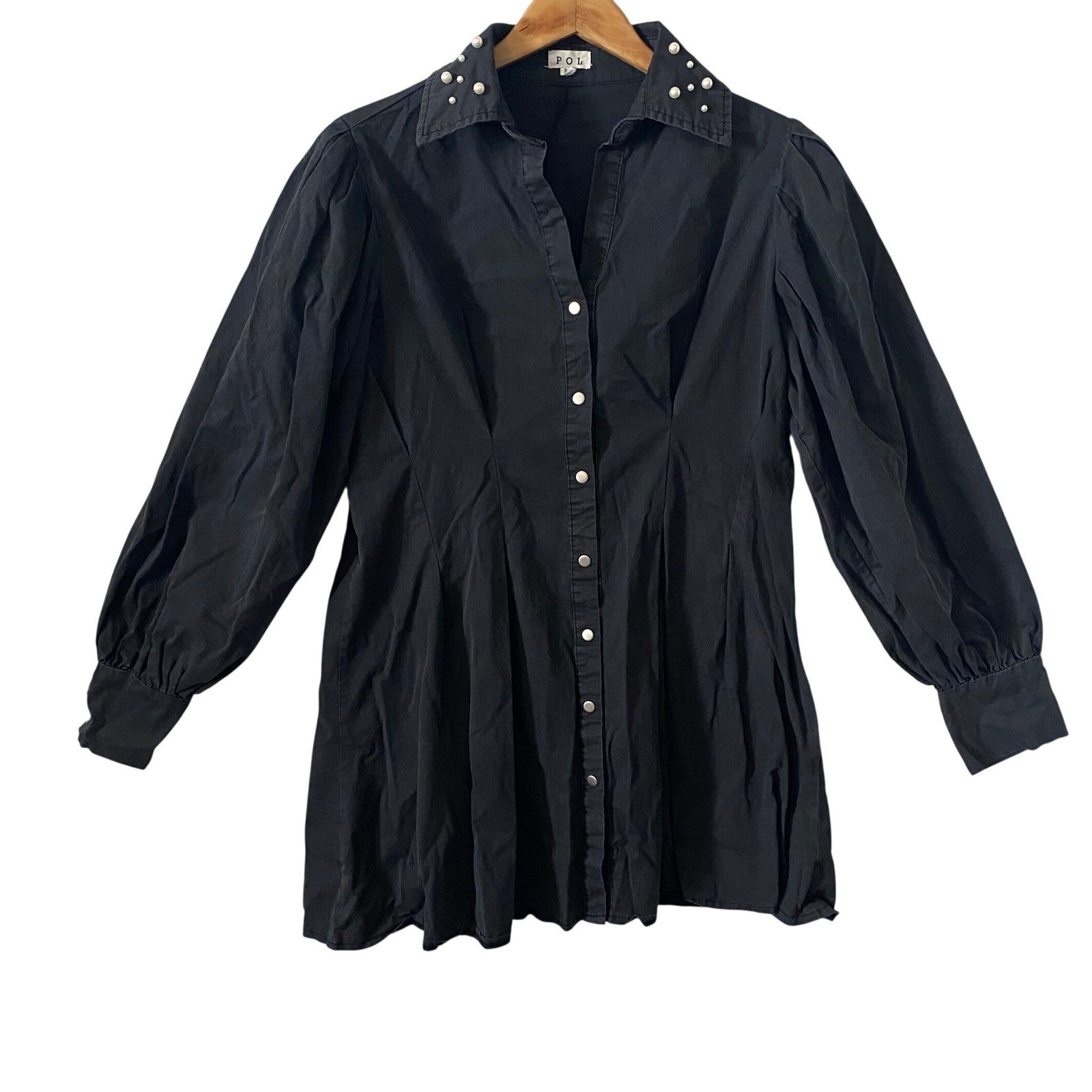 POL Womens Black Faux Pearl Collar Puff Sleeve Mini Dress Sz Med Dark Romantic