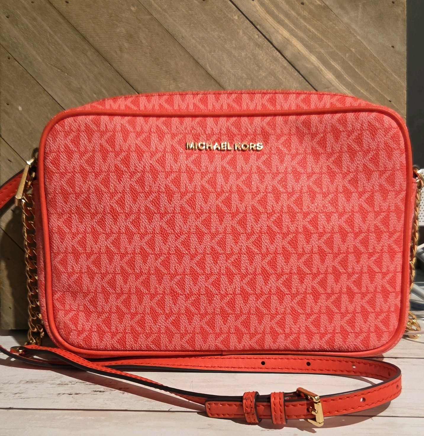 Michael Kors Flamingo Pink Monogram Logo Crossbody Bag Zip Gold Chain