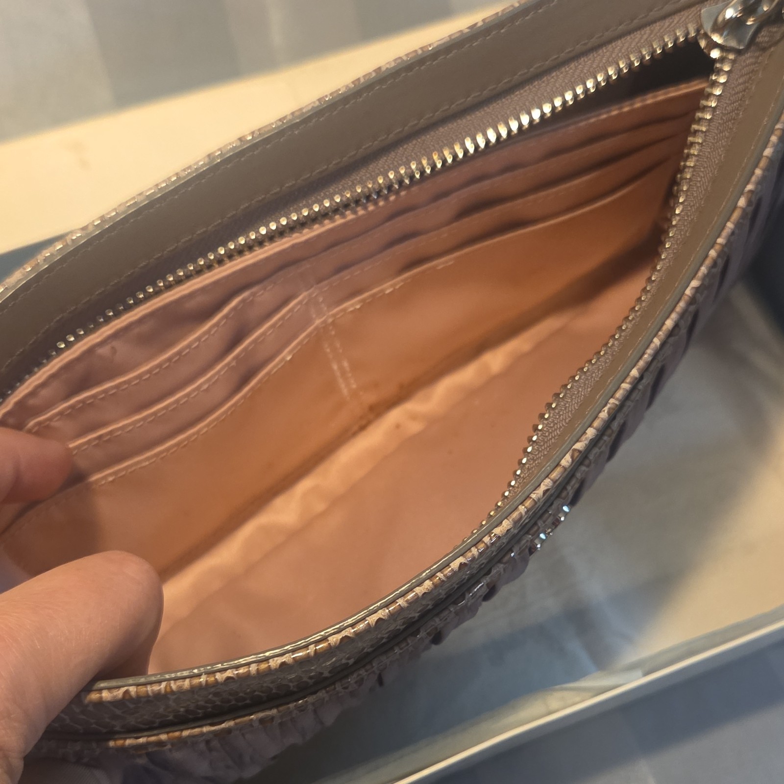 Coach Pleated Shoulder Bag Zip Pouch Wristlet Brown Purple Lined Pockets
