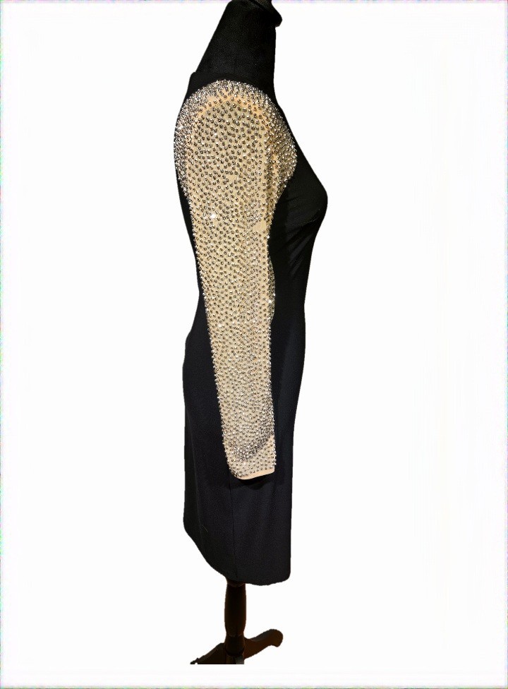 XSCAPE Black Beaded Mesh Long Sleeve Sheath Dress High Neck Zip Knee Size 2