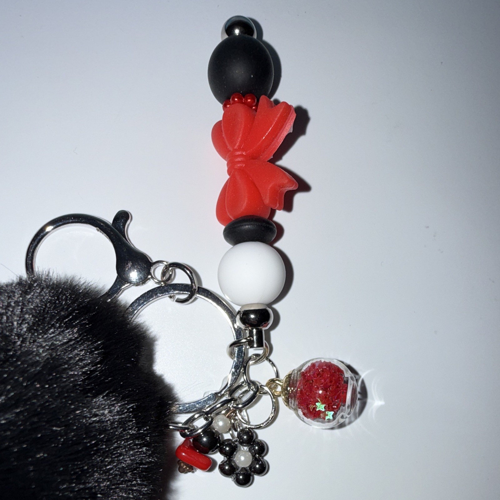 Black Faux Fur Pom Pom Bow Beaded Key Chain/Bag Charm w/Keyring