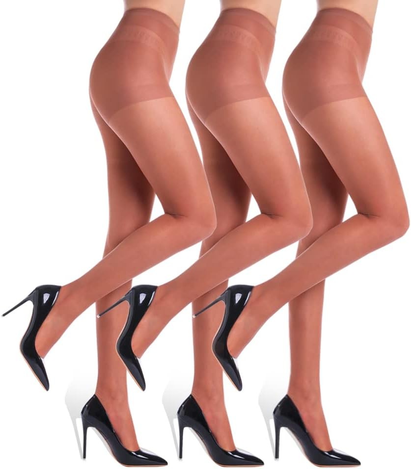 3 Pairs Women’s Sheer Tights – 20D Control Top Pantyhose with Reinforced Toes