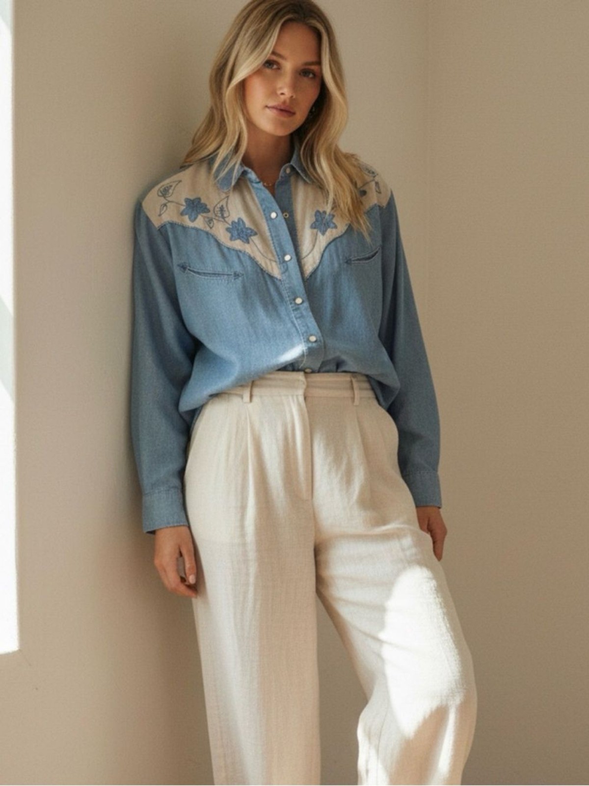 GUESS Georges Marciano 90s Chambray Western Pearl Button Shirt Embroidered Yoke