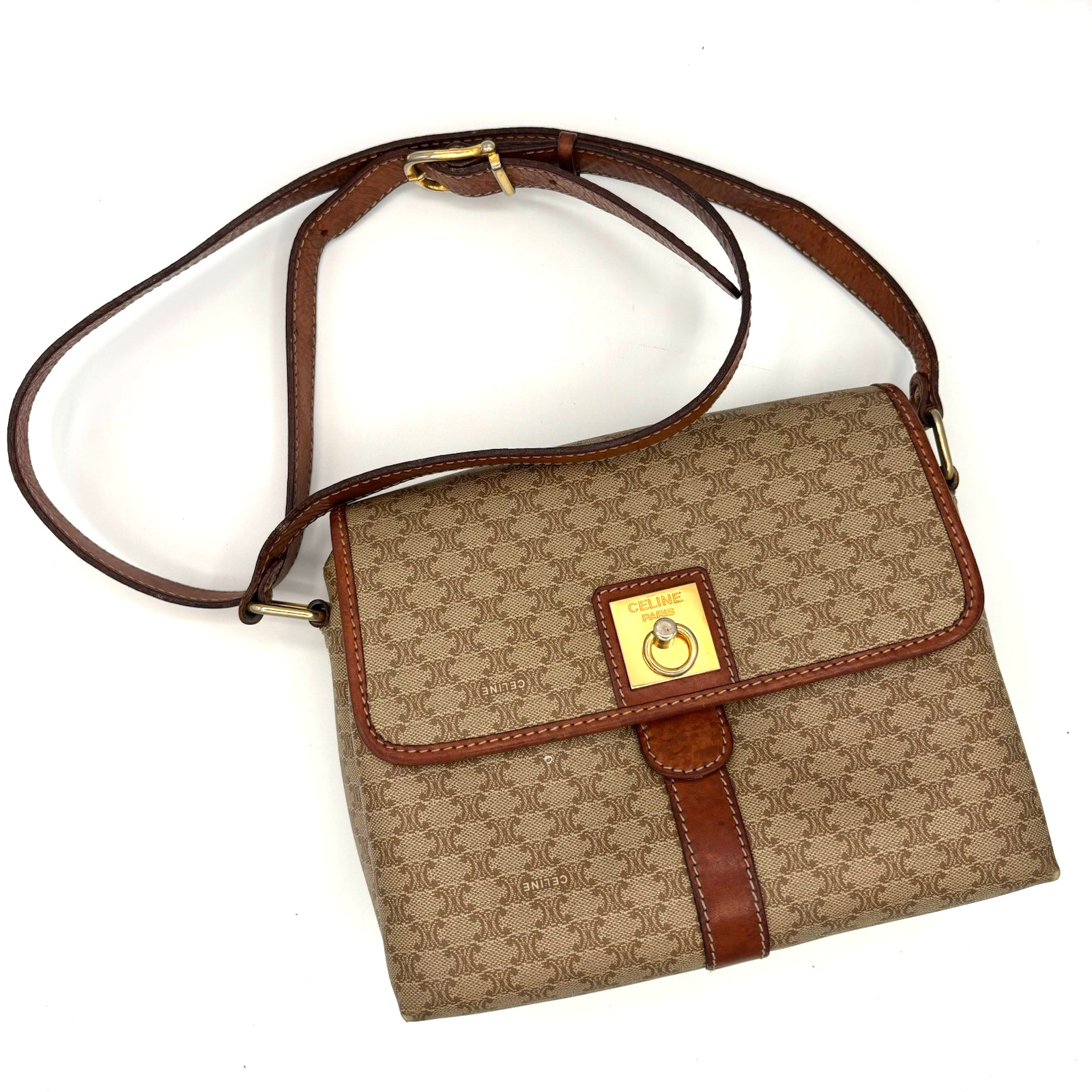 CELINE Macadam Canvas Shoulder Bag PVC Beige Gold Authentic 0046