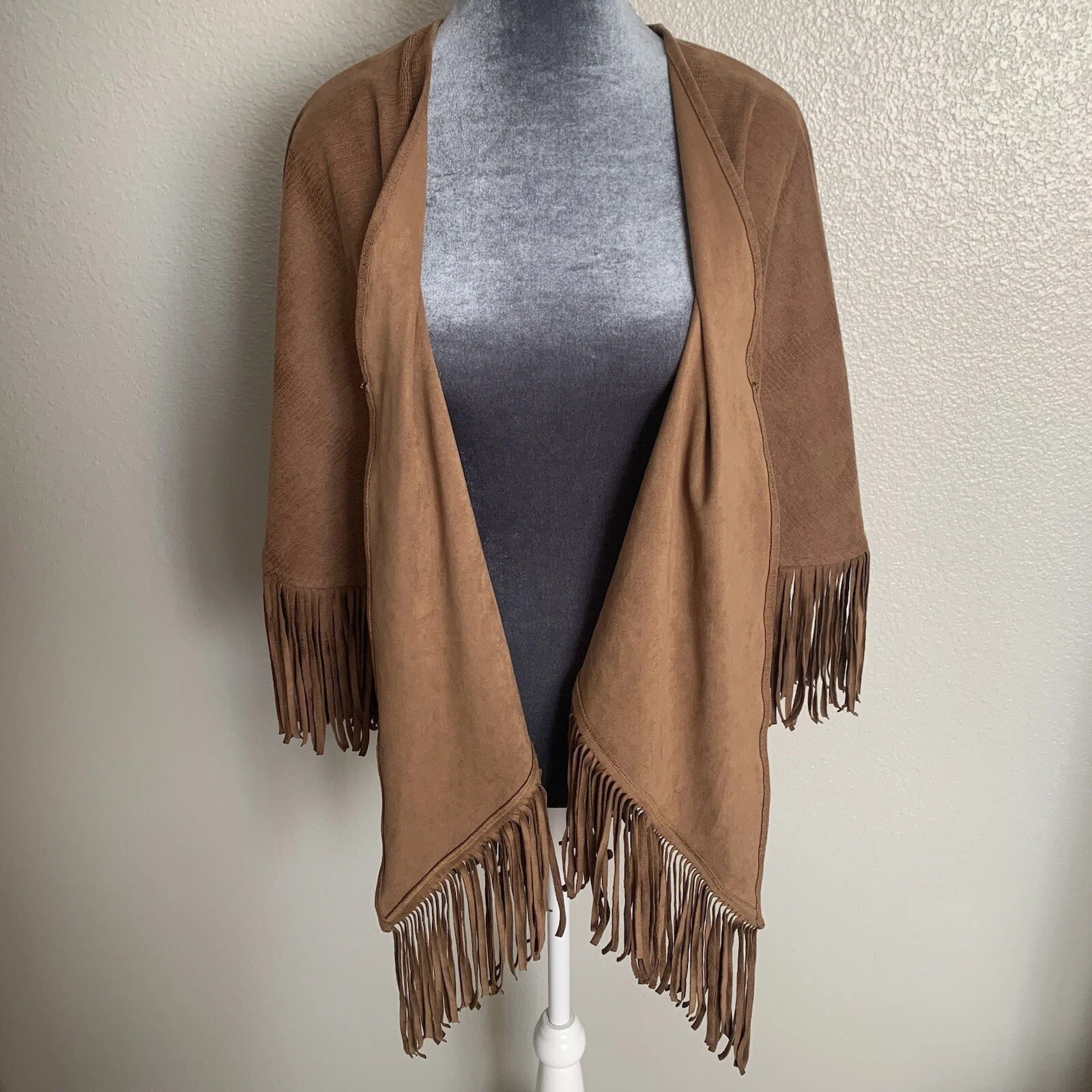 Chico’s Brown Fringe Poncho Shawl One Size Western Boho Faux Suede Wrap
