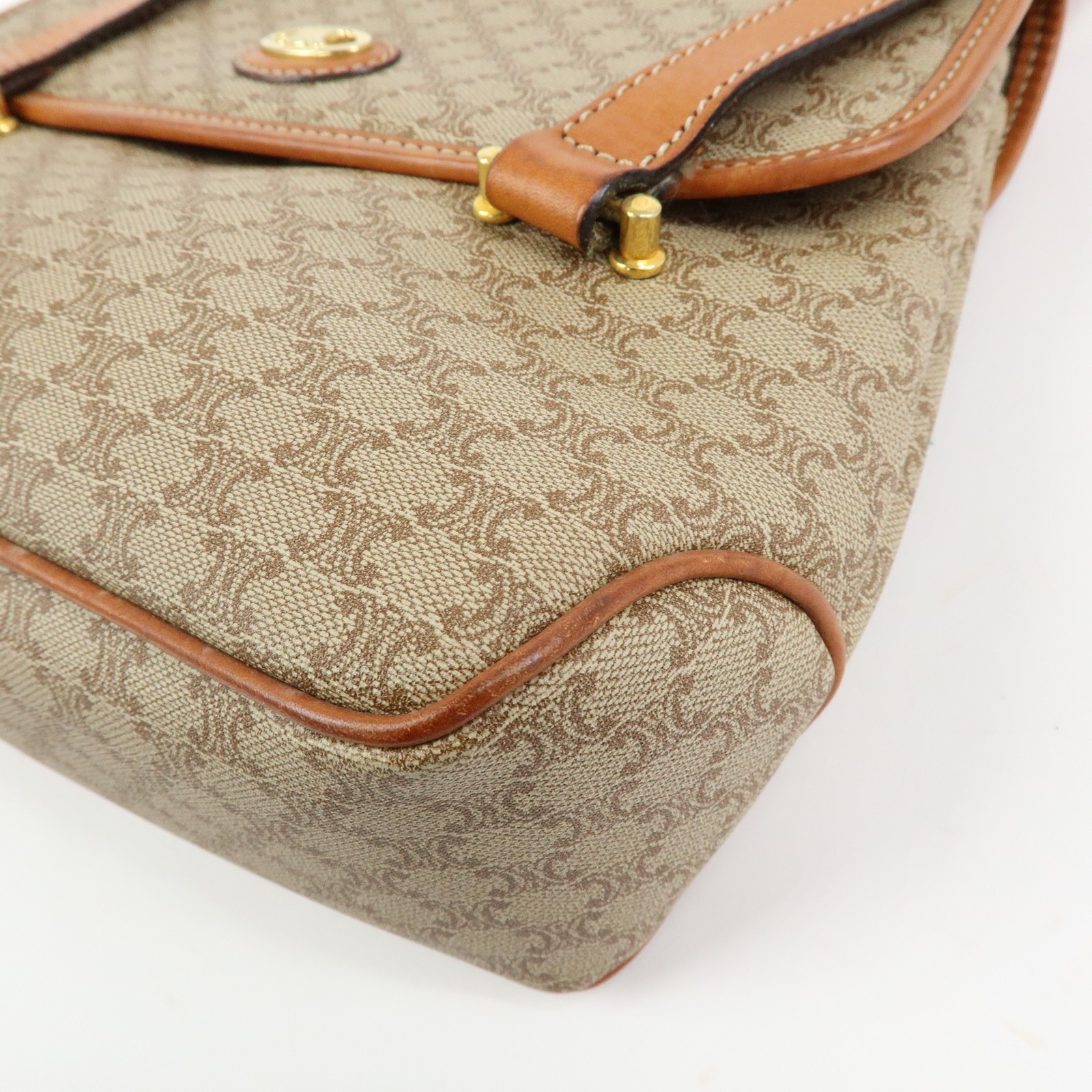CELINE Logo Macadam PVC Leather Hand Bag Shoulder Bag Beige Brown Auth Used F/S