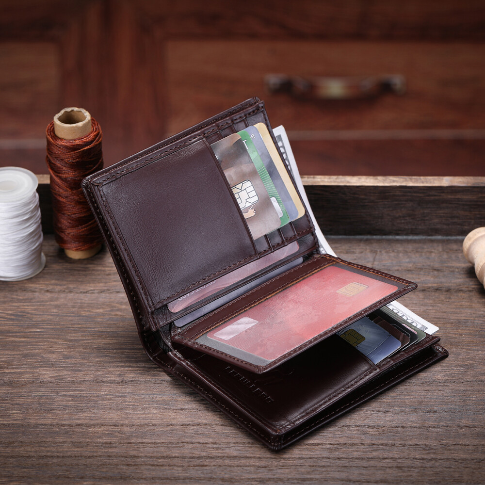 Mens Genuine Leather Zipper Wallet RFID Blocking Bifold Zip Around Card Holder
