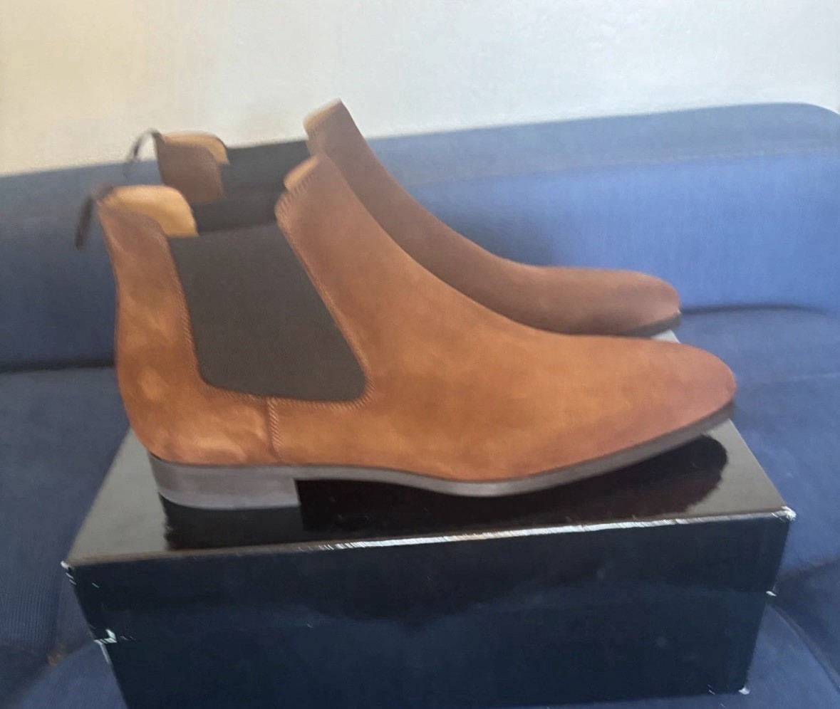 $495 Magnanni Mens Cognac Suede Chelsea Dress Ankle Boot Made in Spain Size 12