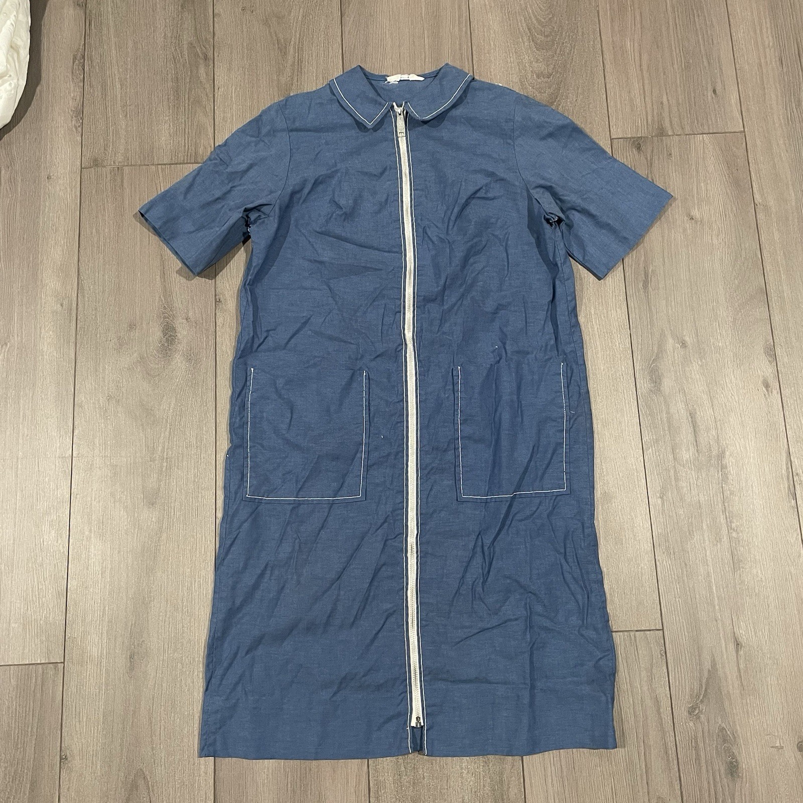 Vtg 50s Penneys Gay mode Chambray Full Zip Collared Dress Cottage Lounge S/MD