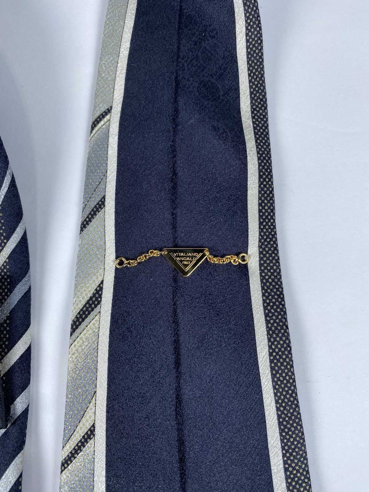 Vtg Vitaliano PANCALDI Silk Tie Italy XL 62″ Wide 4.8″ Abstract Silver Blue Gold