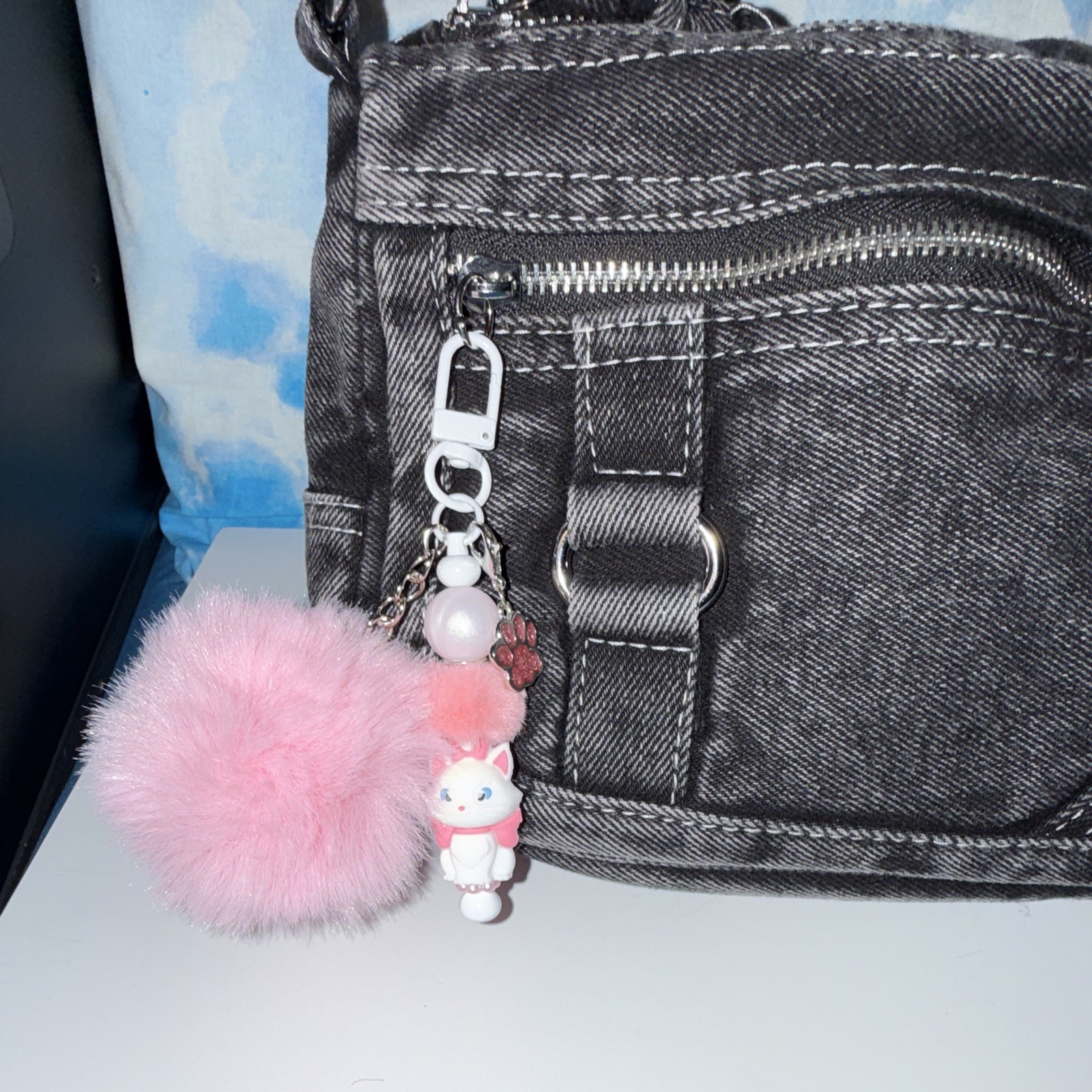 Pink Faux Fur Pom Pom Cat Key Chain/Bag Charm w/Beads & Detachable Clip