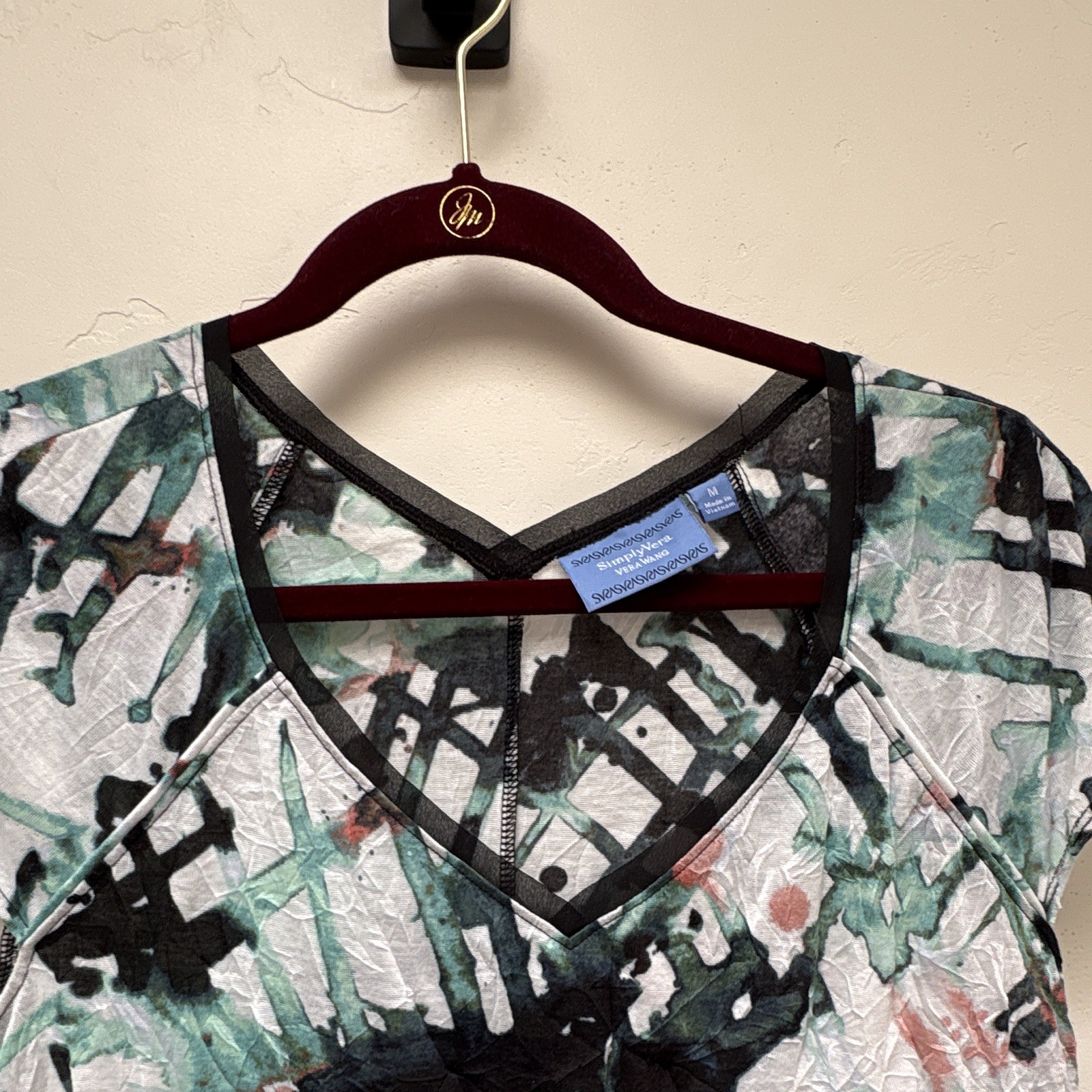 Simply Vera Vera Wang Women’s M Multicolor Abstract Sheer Mesh V-Neck Cap Sleeve