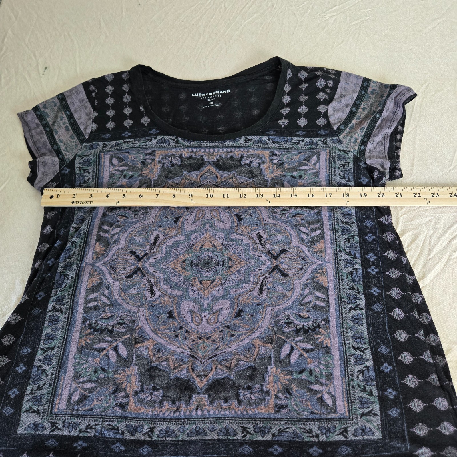 EUC Lucky Brand Mandala Print light-weight Short Sleeve Boho Top, Size 1X