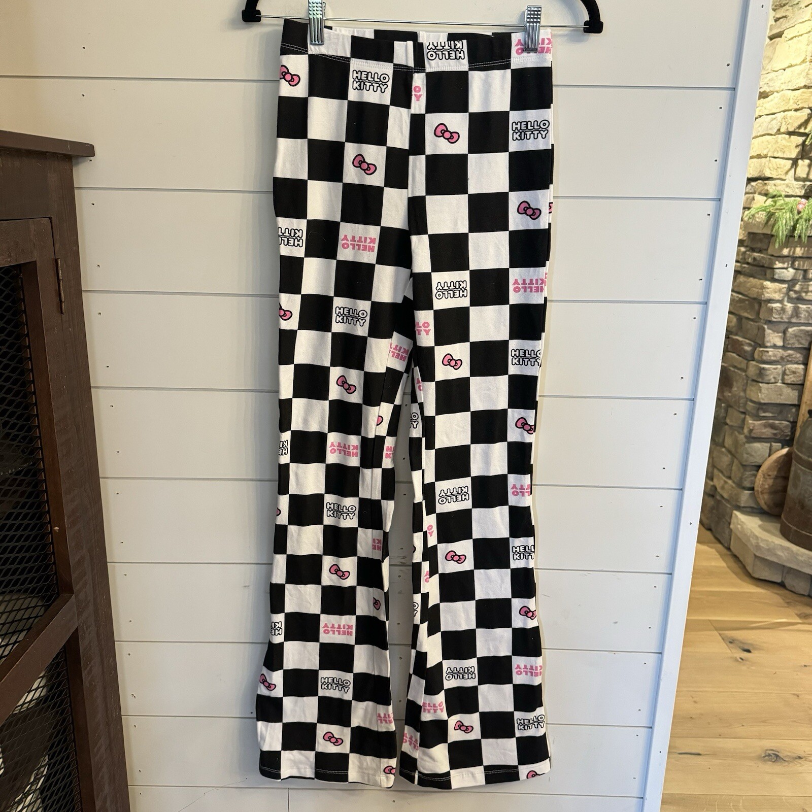 Hello Kitty Womens Sz S Black & White Checkered Wide Leg Flare Leggings /Pants