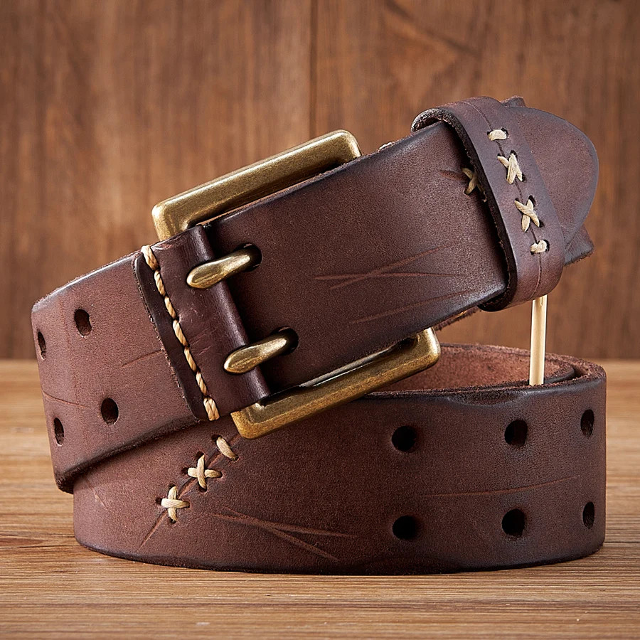 3.8CM Original Genuine Leather Army Tactical Belt Double-needle Buckle Men’s