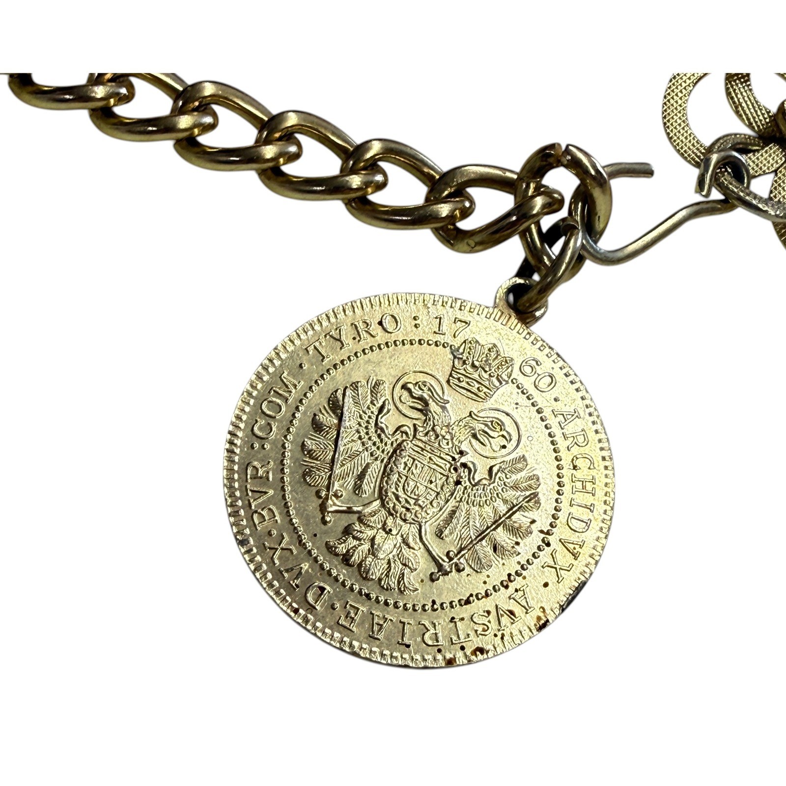 Vintage Gold Tone Textured Multi Link Chain Belt Maria Theresia Coin Charm 1780
