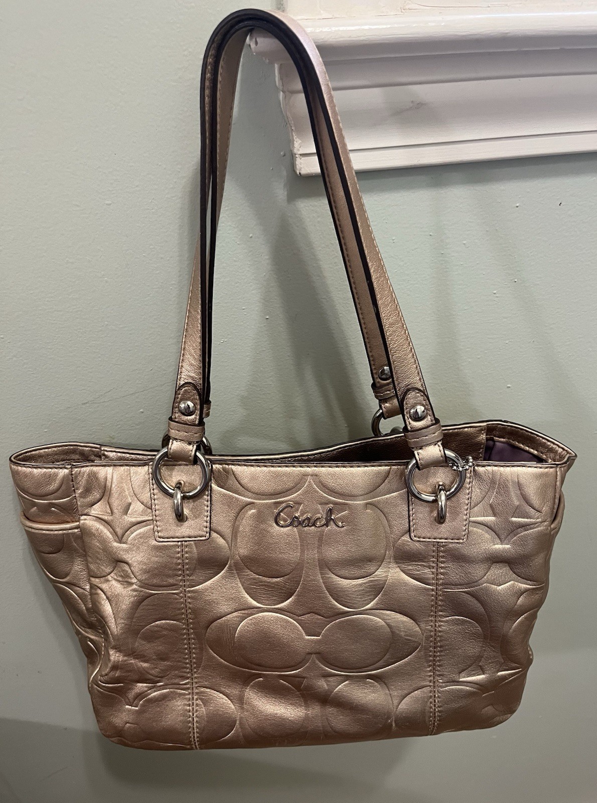 Coach Signature Embossed Tote Bag Bronze Double Handles Silver Hardware Purple