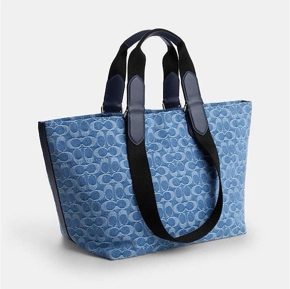 Coach Blue Signature Logo Tour Tote Double Handles Silver